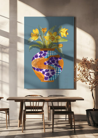 Narcissus by Marjorie Salvagni hanging above a wooden dining table in warm sunlight