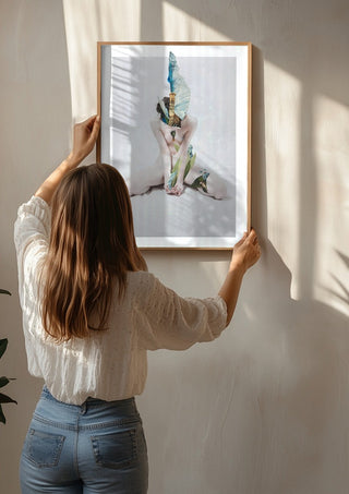 Letargo I by Rocio Montoya being hung on a sunlit wall