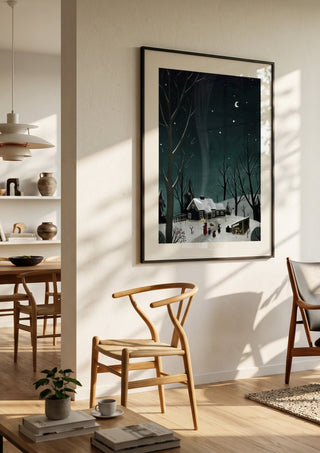 winter night by Justyna in a black frame in a bright dining room with wooden chairs