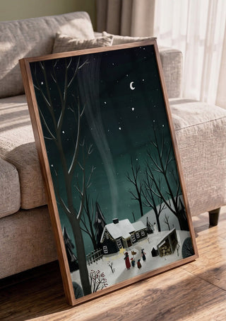 winter night by Justyna in a walnut frame leaning against a grey sofa