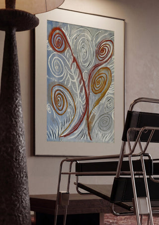 Coil by Fábio Diniz Art framed in a dim room beside a tubular steel chair