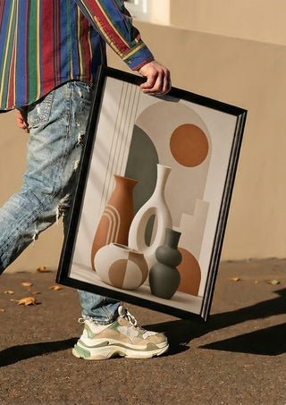 Bohemian Ceramic Vases – Terracotta & Geometric Harmony by TimlessArtworks carried in a black frame along a sunny street