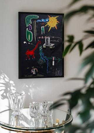A Day In A Life by Art Guveau in a black frame above a glass table with crystal glassware