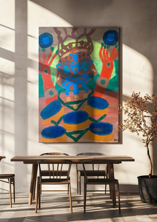 uppstigning by Hampus Nerén hanging above a wooden dining table in warm sunlight