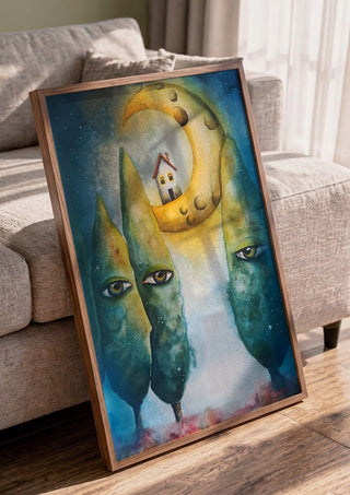 Whispering Trees by Evgenia Smirnova in a walnut frame leaning against a grey sofa