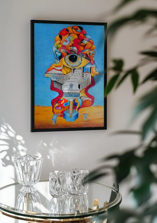 Allegorie schizophrener Psychosen - "Trampelismus" by wodeoldau in a black frame above a glass table with crystal glassware