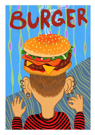 Illustration of a person with a burger on their head, used for På Hovedet Burger by Nina Broen.