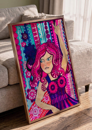 Octopus dancing queen by ALEX in a walnut frame leaning against a grey sofa