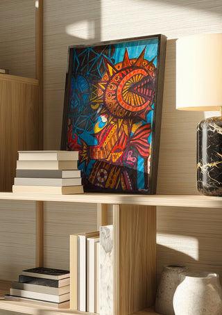Welcome by ALEX in a dark frame on a wooden shelf beside books and a lamp