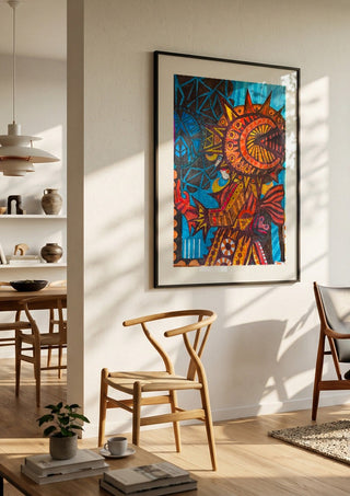 Welcome by ALEX in a black frame in a bright dining room with wooden chairs