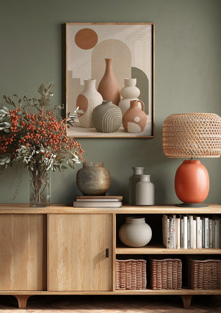 Boho Ceramic Vases & Botanical Abstract Design – Terracotta Sun by TimlessArtworks above a wooden sideboard on a sage green wall