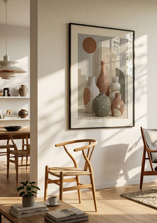 Boho Ceramic Vases & Botanical Abstract Design – Terracotta Sun by TimlessArtworks in a black frame in a bright dining room with wooden chairs