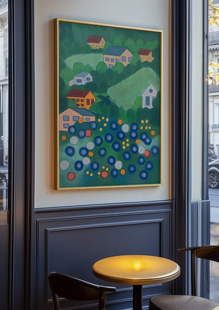 View from above by Gerard Ceulemans in an oak frame on a panelled café wall