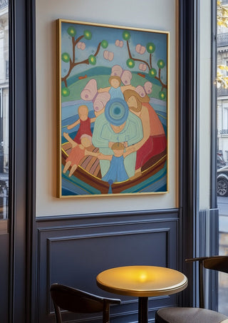 Family boat trip by Gerard Ceulemans in an oak frame on a panelled café wall