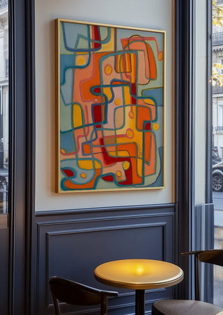 Walking the dog by Gerard Ceulemans in an oak frame on a panelled café wall