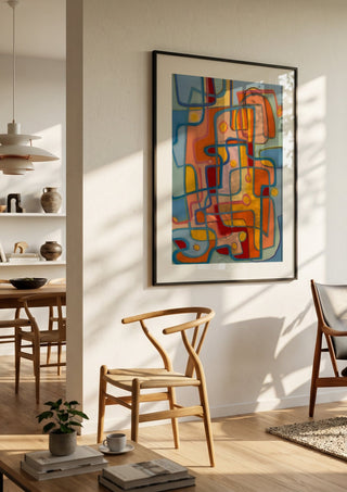 Walking the dog by Gerard Ceulemans in a black frame in a bright dining room with wooden chairs