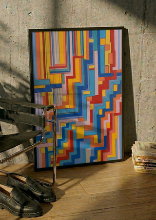 Up the steps by Gerard Ceulemans in a black frame leaning against a concrete wall by a steel chair