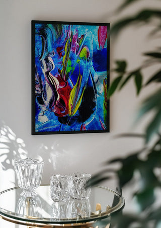 Abstract in perfection 2 by Walter Zettl in a black frame above a glass table with crystal glassware