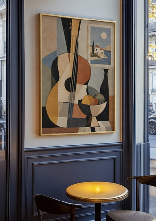Bohemian String Instrument Still Life – Earthy Tones & Coastal Scene by TimlessArtworks in an oak frame on a panelled café wall