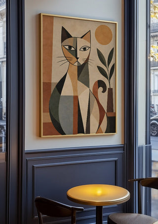 Bohemian Geometric Cat – Terracotta, Botanical & Earthy Forms by TimlessArtworks in an oak frame on a panelled café wall