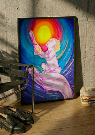 Cosmic Visions 2 by Walter Zettl in a black frame leaning against a concrete wall by a steel chair