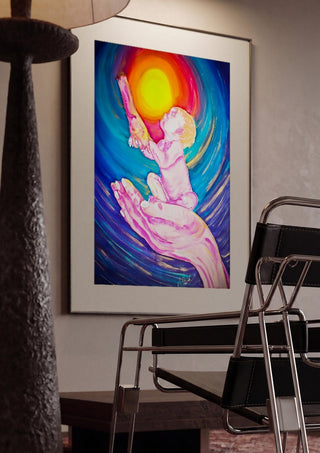 Cosmic Visions 2 by Walter Zettl framed in a dim room beside a tubular steel chair