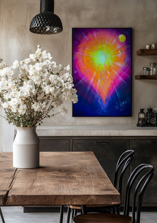 Zodiac Sign Sagittarius by Walter Zettl in a black frame above a rustic table with white flowers