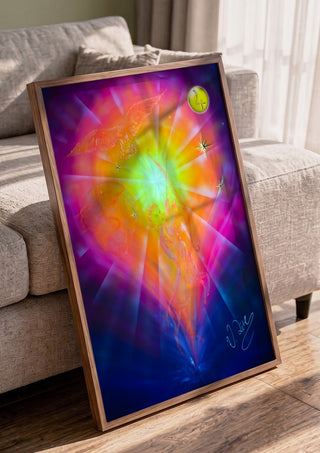 Zodiac Sign Sagittarius by Walter Zettl in a walnut frame leaning against a grey sofa