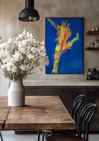 Blue Dancer by René J in a black frame above a rustic table with white flowers
