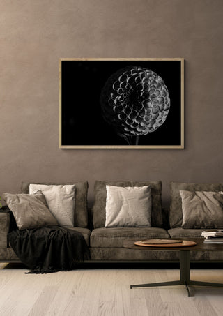 Lunar Bloom by Guido Lucker framed in light wood above a grey sofa with cushions