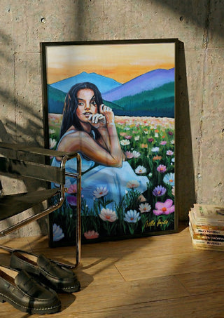 Where Wildflowers Dream by Nella Hajdu in a black frame leaning against a concrete wall by a steel chair