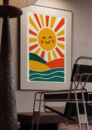 Smiling Sun by Decker Studios framed in a dim room beside a tubular steel chair