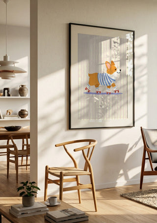 Corgi on Roller Skates by Decker Studios in a black frame in a bright dining room with wooden chairs