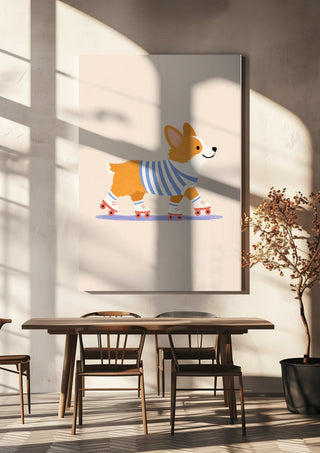 Corgi on Roller Skates by Decker Studios hanging above a wooden dining table in warm sunlight