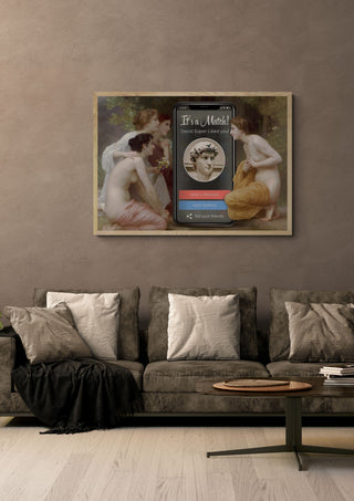 David Match by Dikhotomy in a light wood frame above a grey sofa with cushions