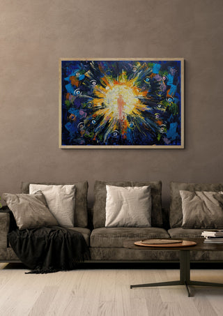 Damit wir uns sehen · So That We May See Ourselves by ELIZA Leopold in a light wood frame above a grey sofa with cushions