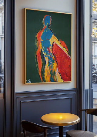 Figure in Green by René J in an oak frame on a panelled café wall