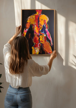 Back in Yellow by René J being hung on a sunlit wall