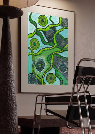 Green Cells by JHN.ByHjort framed in a dim room beside a tubular steel chair