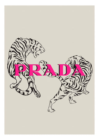 Two illustrated tigers with "PRADA" in bold pink letters, featured on a Prada fashion product page.