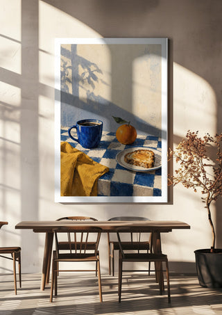 Blue Hour Breakfast by Matthews Gallerie hanging above a wooden dining table in warm sunlight