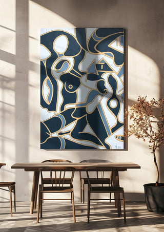 Erotica by Andreas Pohle hanging above a wooden dining table in warm sunlight