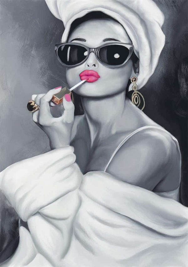 Stylish woman in sunglasses and towel, applying lipstick, evoking vintage fashion glamour and elegance.