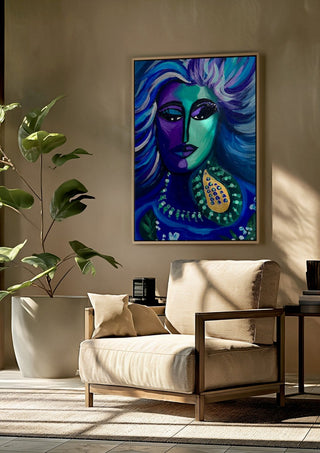 Blue Muse by Da Winters framed above a beige armchair beside a potted plant