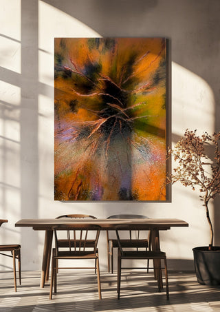 Copper Branches by Da Winters hanging above a wooden dining table in warm sunlight