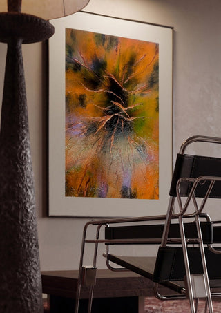 Copper Branches by Da Winters framed in a dim room beside a tubular steel chair