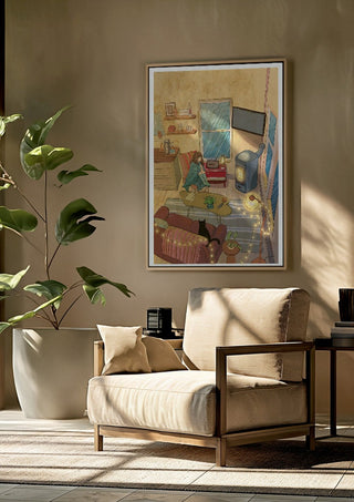 Evening by Nina Broen framed above a beige armchair beside a potted plant