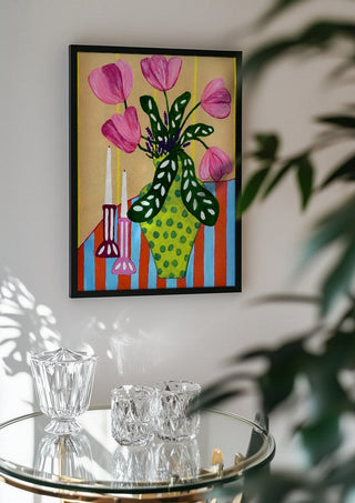 Flower Power by LGDyrby in a black frame above a glass table with crystal glassware