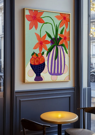 Plums & Peace by LGDyrby in an oak frame on a panelled café wall