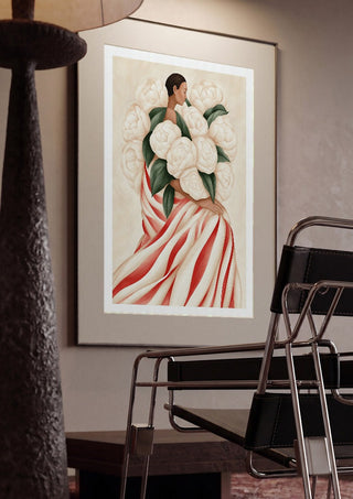 White Peonies by Martina Karlsson framed in a dim room beside a tubular steel chair
